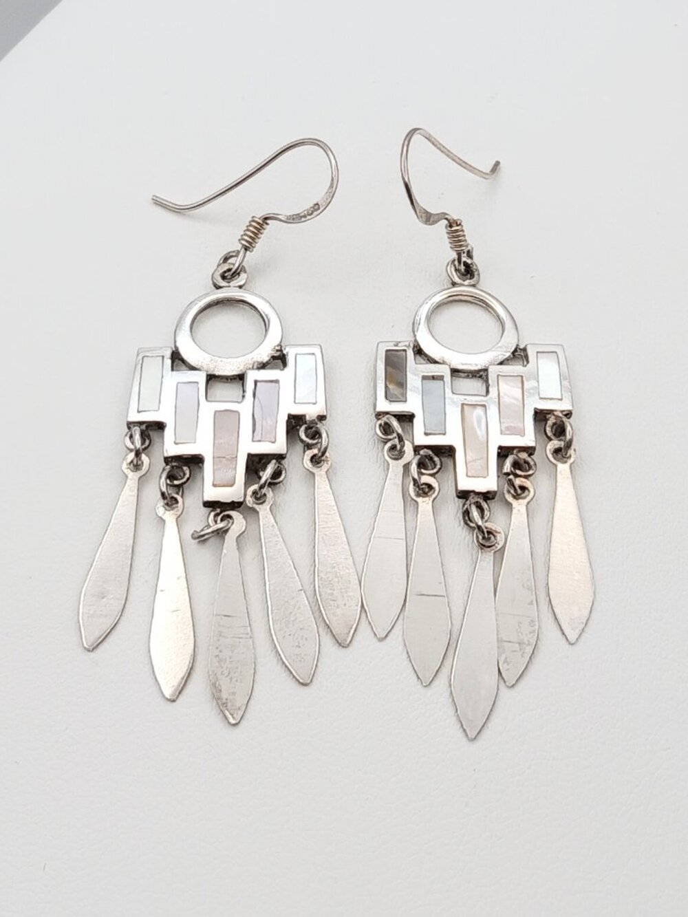Vintage 925 Sterling Silver Mother of Pearl Geometric Fringe Dangle Earrings
